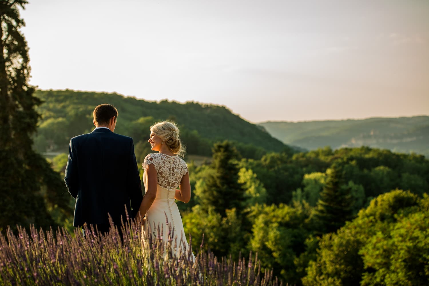 bride and groom golden hour portraits at Chateau de Lacoste