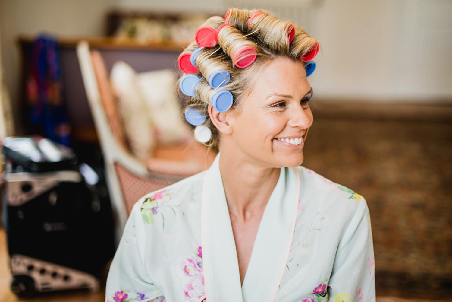 bride with curlers at Chateau de Lacoste wedding venue in France