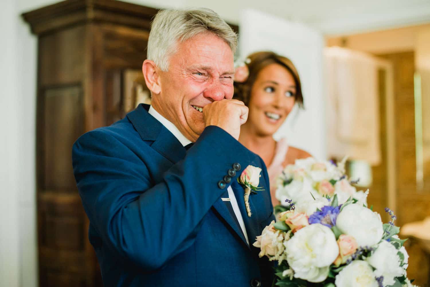 father of the bride emotional reaction to seeing his daughter at Chateau de Lacoste wedding