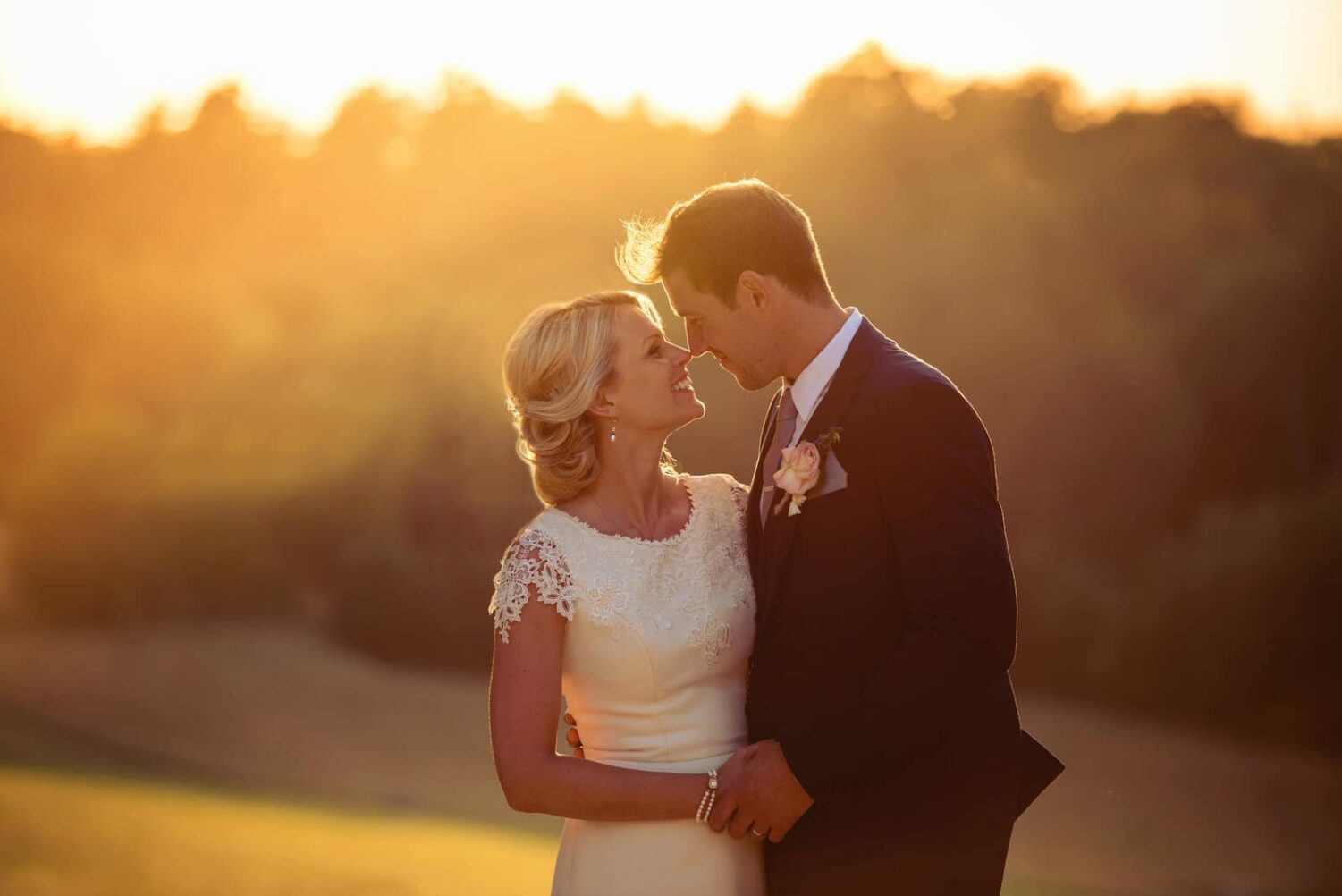 sunset portrait of bride and groom