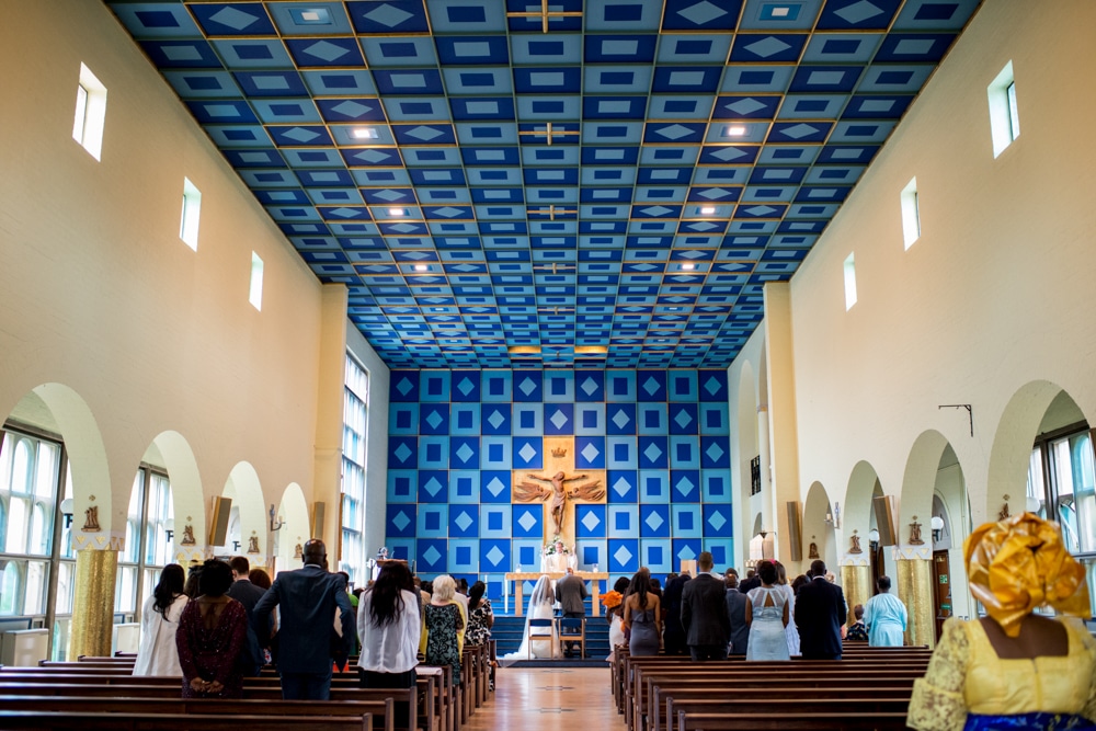 Church with blue patterned roof