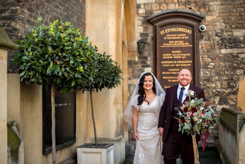 bride and groom outside st etheldreda's church London
