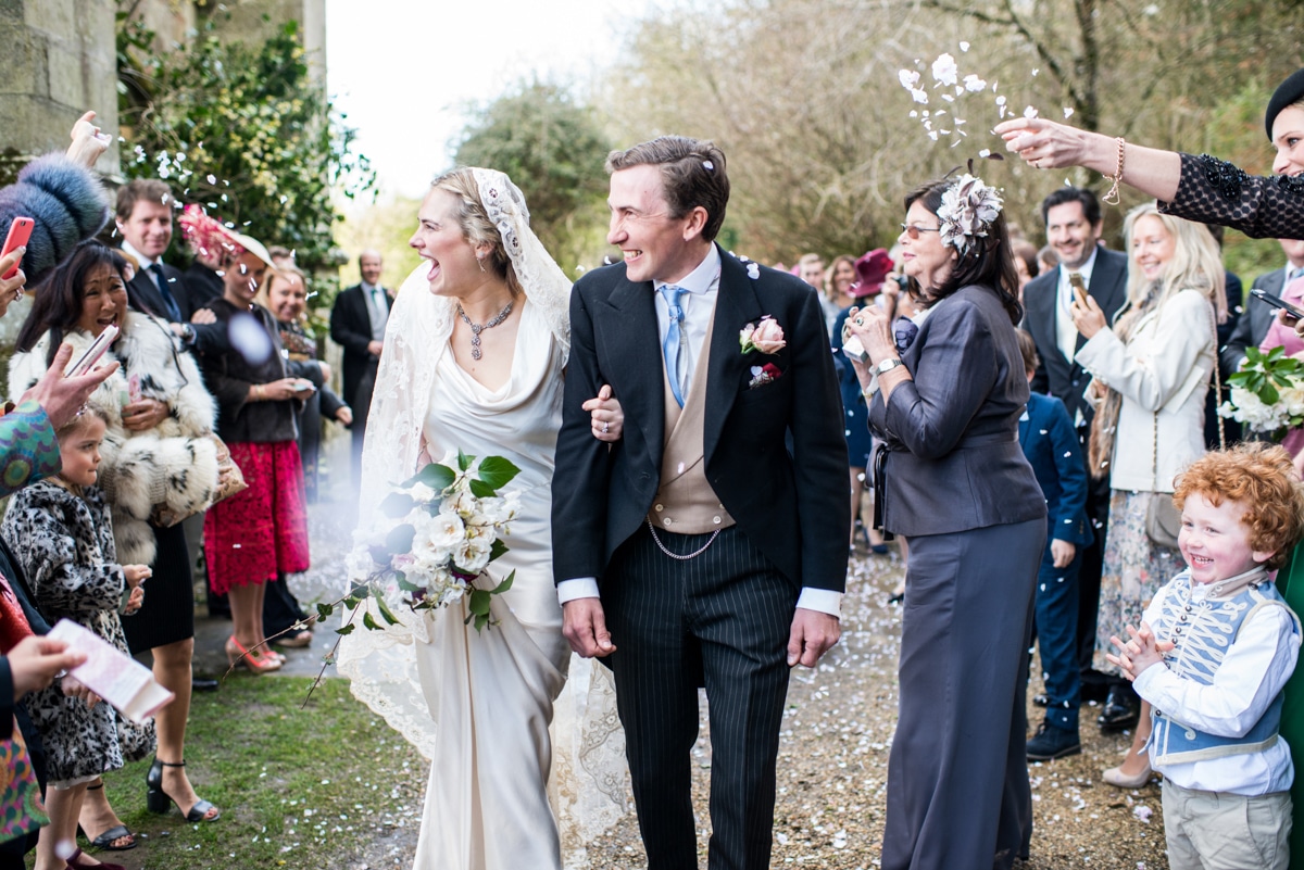 confetti and bride and groom