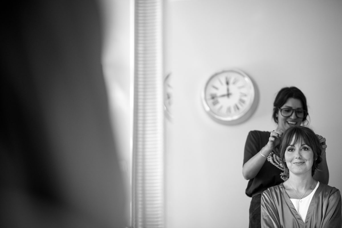 Bride getting ready, clock in background, London Wedding photographer