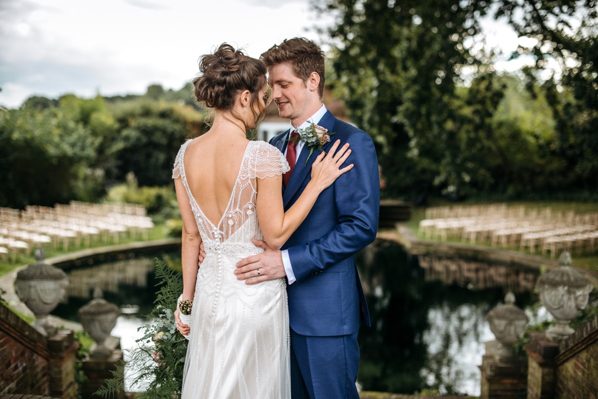 portrait of bride and groom at Micklefield Hall, Hertfordshire