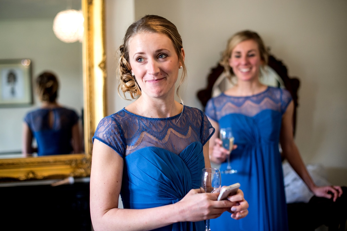 Bridesmaids in blue dresses