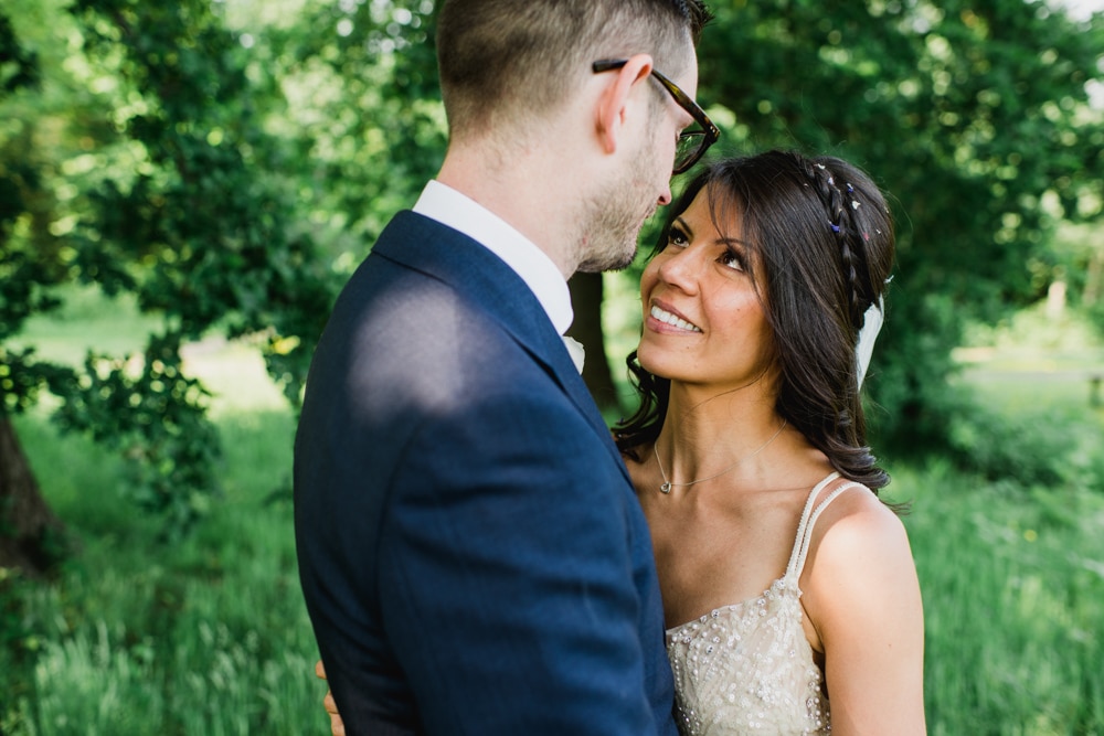 bride and groom portraits in the grounds of Botleys Mansion