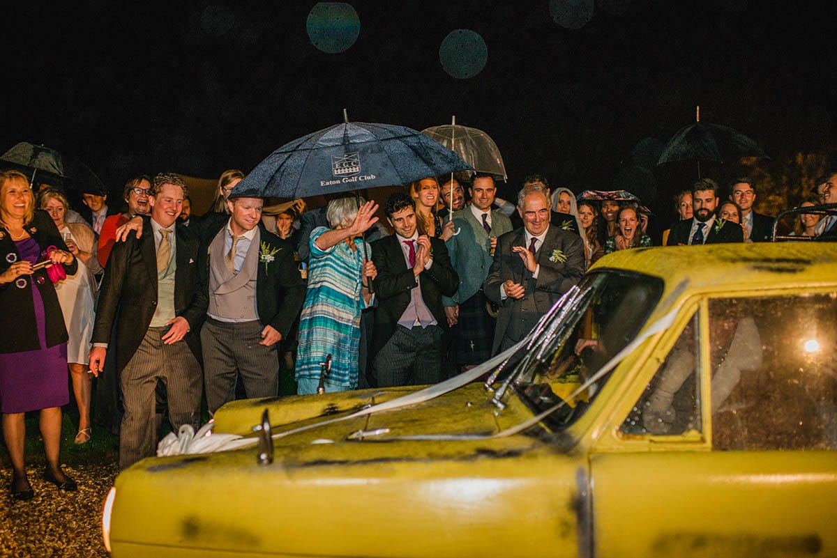 End of wedding departure in a reliant robin