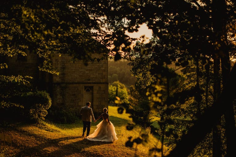 couple outside chapel in France