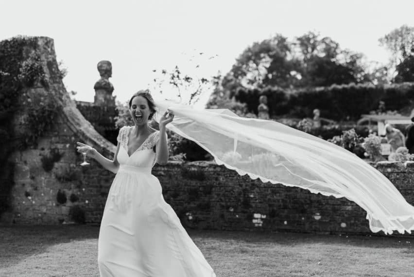 brides veil blowing in wind