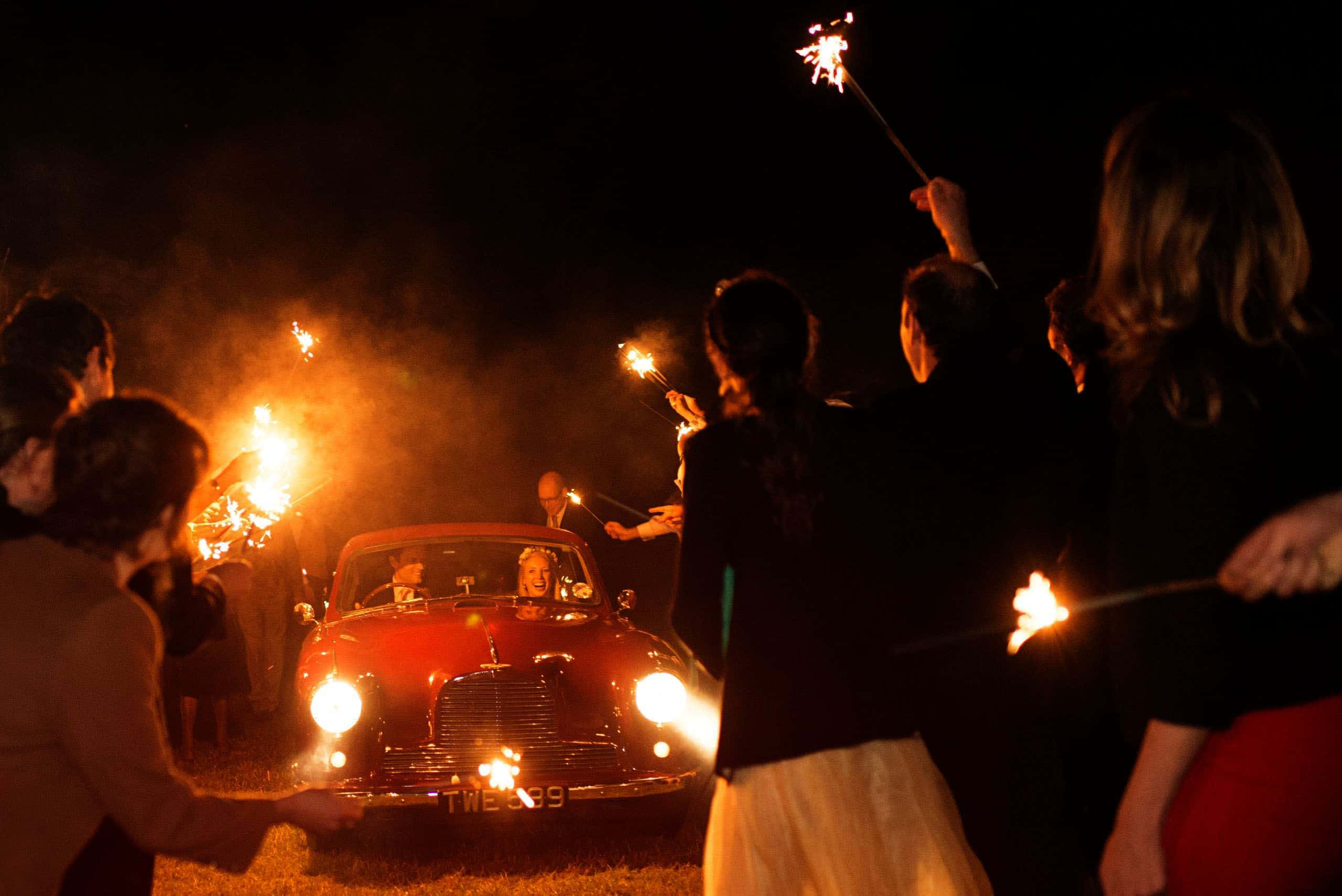 wedding car send off with fireworks