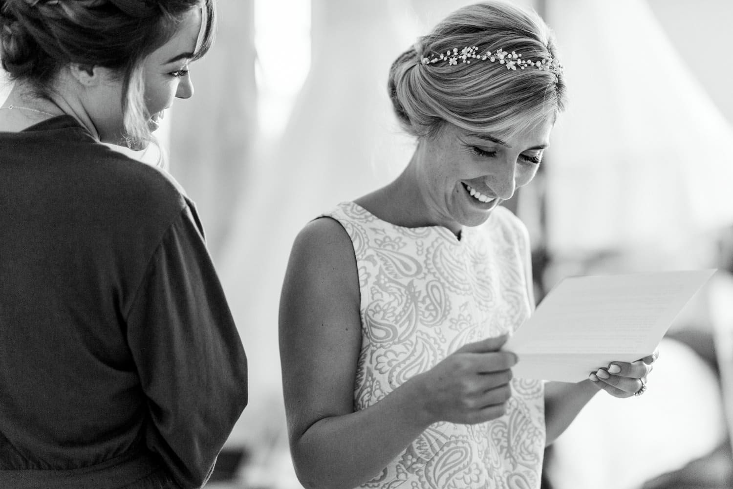 bride reading letter at Chateau de Lacoste France