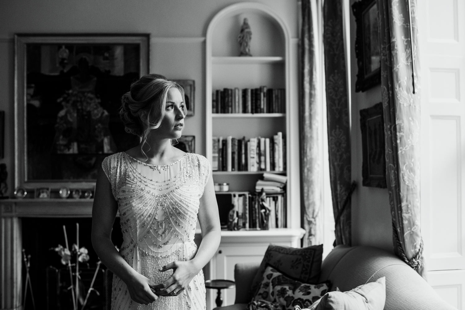 bride looking out window