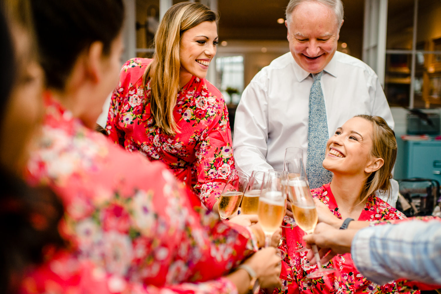 bridal preparations, pink floral dressing gowns