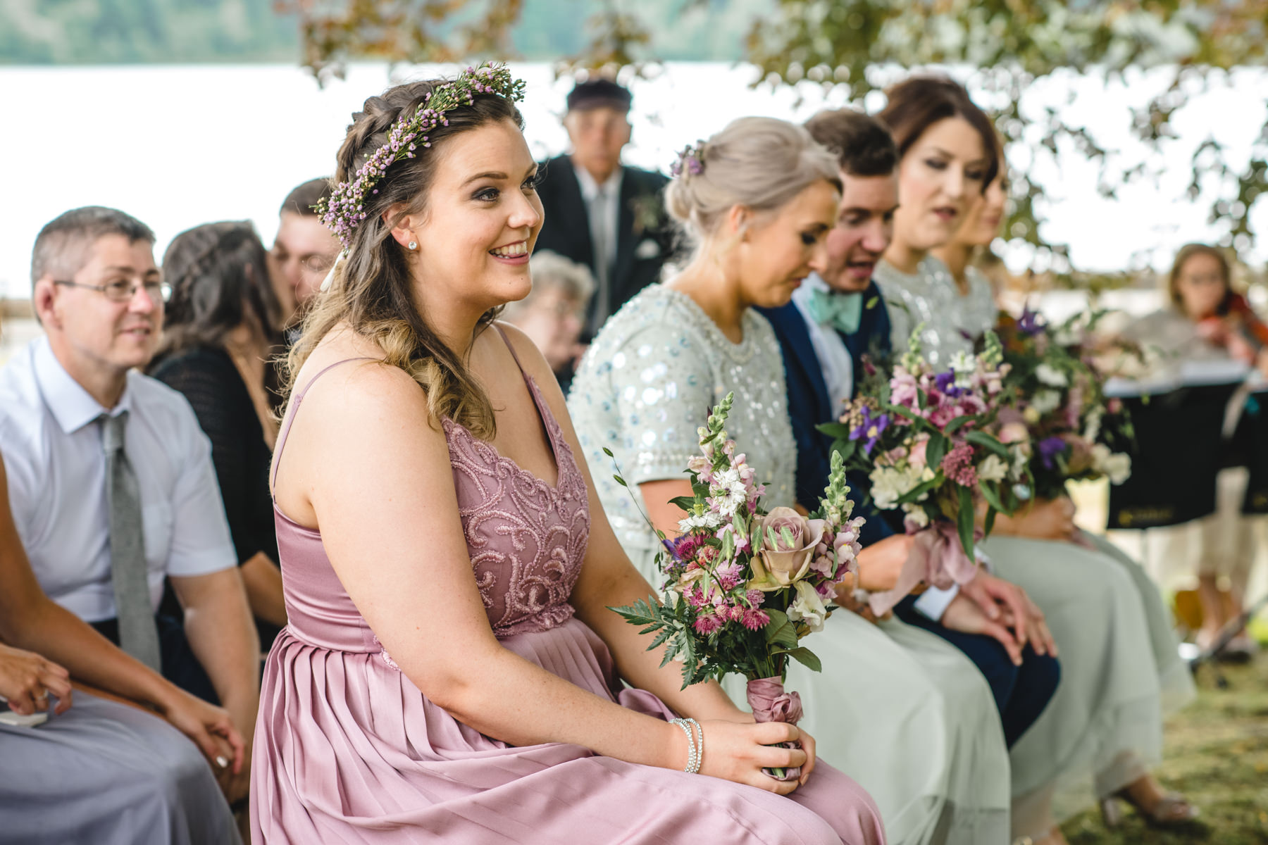 pink bridesmaid dress and flower crown